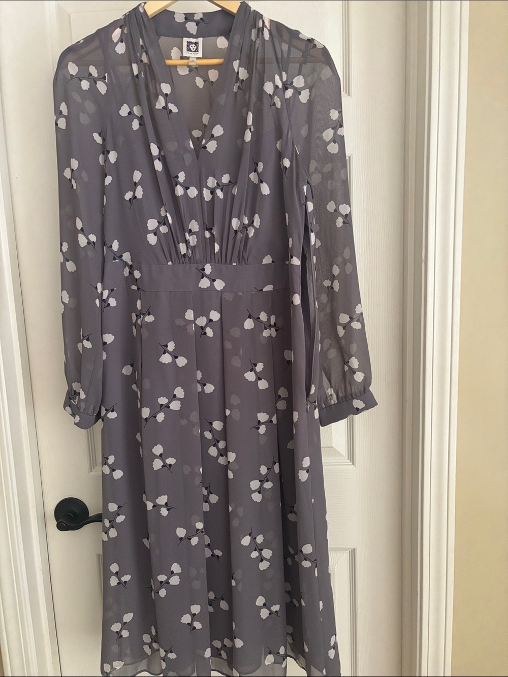 Anne Klein Gray Floral Long Sleeve Midi Dress